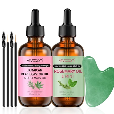 Organic Rosemary Mint &amp; Jamaican Black Castor Oil 2 Packs with Gua Sha Tool, for Hair Growth &amp; Body Massage Kit, 100% Pure, Natural, Cold Pressed Hair Oils, Womens Gift