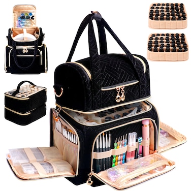 Nail Polish Organizer Bag Holds 70 Bottles&amp; Nail Lamp, Velvet Nail Kit Storage Carrying Case with 2 Removable Pouches, Portable Nail Supplies Shoulder Bag for Manicure Tools (Elegant Black)