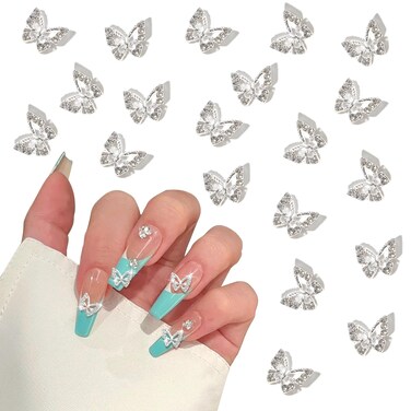 20pcs Butterfly Nail Charms - 3D Silver Butterfly Rhinestones for Nails