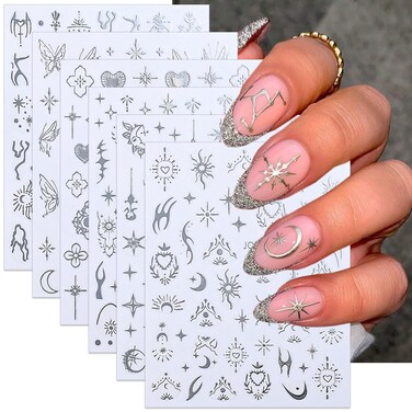 6 Sheets Silver Nail Art Stickers 3D Moon Sun Star Nail Stickers Self-Adhesive Butterfly Charms Design Stickers for Acrylic Nail Supplies Decoration Metal Star Nail Decals for Women DIY Manicure Tips