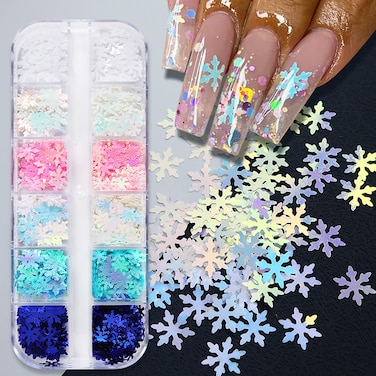 12 Grids 3D Snowflake Nail Art Stickers Holographic Laser Snowflake Nail Decals Christmas Nail Glitter Sequins Xmas White Snowflake Glitter for Nails Art Decoration Winter Snow Nail Glitter Flakes