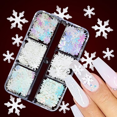 6 Grids 3D Snowflake Nail Glitter Sequins Holographic Laser White Snowflakes Nail Art Stickers Decals Christmas Nail Glitter Foil Flakes Xmas Snowflake Glitter for Nails Decoration Accessories Charms