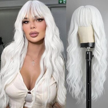 Vomella White Wig with Bangs 26 Inch Long Curly Wavy Wigs for Women Natural Looking Synthetic Heat Resistant Wig for Daily Party Use