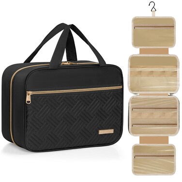 Travel Toiletry Bag - Spacious Toiletry Bag with Hanging Hook, Waterproof Makeup Bag for Women &amp; Men, Travel Essentials (Medium-Black)