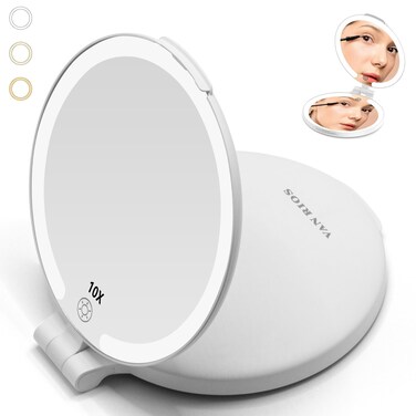 96 LEDs' Folding Rechargeable and 10x Magnification Makeup Mirror with Lights,6.3 Inch Double Sided Portable Travel Mirror with Case for Myopia and Makeup Fanatics Travel Essentials