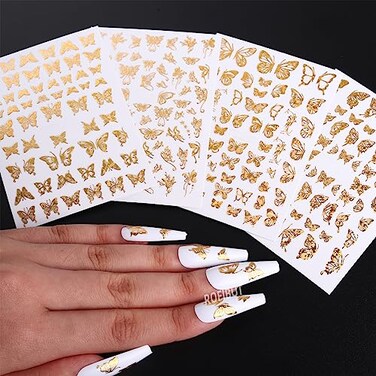 Gold Butterfly Nail Art Stickers 4 Sheets 3D Self Adhesive Butterfly Nail Decals Laser Gold Butterflies Nail Stickers Luxury Holographic Half of Butterfly Design for Women Nails Manicure Decorations