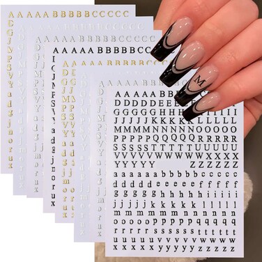 Letters Nail Art Stickers English Alphabet Nail Decals 3D Self-Adhesive Metallic Gold Silver Nail Sticker Black Alphabet Nail Art Supplies for Women Girls DIY Nail Decoration Manicure 8 Sheets
