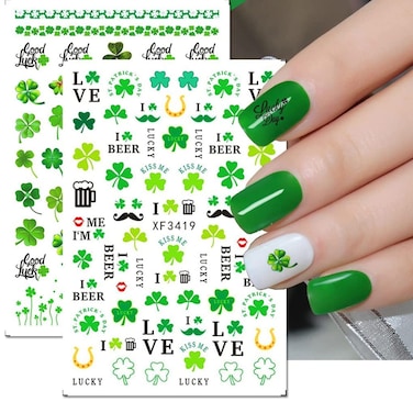300 Pcs St. Patrick's Day Nail Art Stickers Decals for Women Girls, 6 Sheet Self-Adhesive Green Shamrock Leprechauns Tips for St Patricks Day Nail Accessories