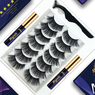 Menaka Magnetic Eyelashes Kit, Long Lasting and Reusable Magnetic lashes Natural Look, 7 Pairs False Eyelashes with Magnetic Eyeliner &amp; Tweezers, Easy to Wear,Cruelty Free, Natural
