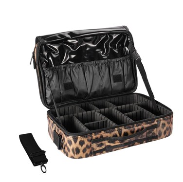 Makeup Case Large Travel Makeup Bag 3 Layers Cosmetic Train Case Cosmetic Organizer Brush Holder Waterproof Makeup Storage Bag with Adjustable Dividers and Shoulder Strap (Leopard)