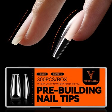 YOKEFELLOW Gel x Nail Tips, 300Pcs Pre - Building Effect 14 Sizes Long Coffin C Curved Apex Nail Tips Super Thin Back Edge Full Cover False Nail Seamless Extension Press-on Nails