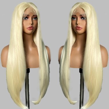 SOKU Long Straight Lace Front Wigs Pre Plucked Platinum Blonde Lace Frontal Wigs with Baby Hair 32 Inch Middle Part HD Transparent Lace Wig 613 Silky Straight Synthetic Wig for Women Girls