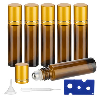 10ML Essential Oil Roller Bottles, 6 Pack Amber Oil Roller Bottles for Essential Oils, Roll on Bottles with Stainless Steel Balls(6 Labels, Opener, Funnel, Dropper Included)