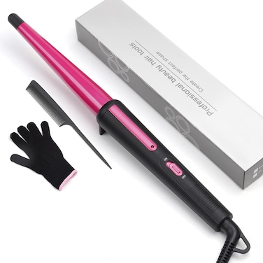 Hair Curling Wand, 0.5-1Inch Tapered Curling Iron, Professional Ceramic Hair Curler Wand with Heat-Resistant Glove, Dual Voltage (Rose Gold)