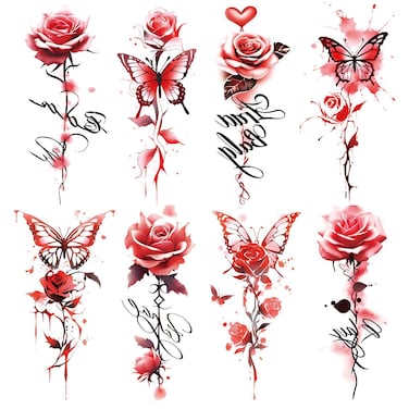 8 Sheets Arm Waterproof Body Art Temporary Tattoos Red Flower Butterfly Rose Heart