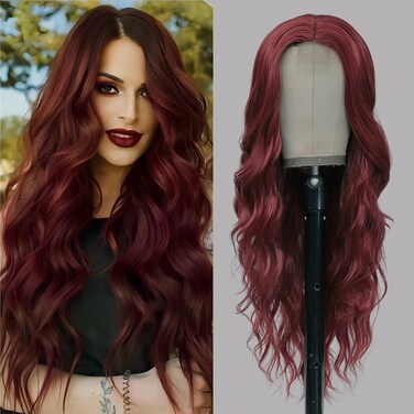 Red Wigs for Women Long Wavy Wig Natural Middle Part Wine Red Wig Synthetic Curly Wave Hair Replacement Wigs Heat Resistant Fiber Hair Wig for Daily Party (26'' Red)
