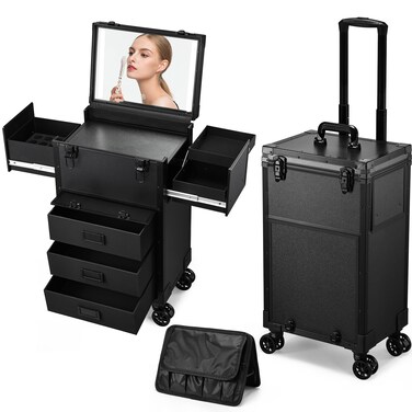 Professional Rolling Makeup Train Case with LED Lighted Mirror, Cosmetology Trolley Storage Train Case with Key and Swivel Wheels Salon Barber Case Traveling Cart (Black)