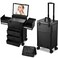 Professional Rolling Makeup Train Case with LED Lighted Mirror, Cosmetology Trolley Storage Train Case with Key and Swivel Wheels Salon Barber Case Traveling Cart (Black)