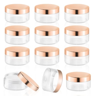12 Pack 30g/1oz Plastic Cream Jars Clear Sample Containers Wide Mouth Leak Proof Travel Cosmetic Bottles with Rose Gold Lids for Creams Lotion Make Up Powder Glitter Jewelry