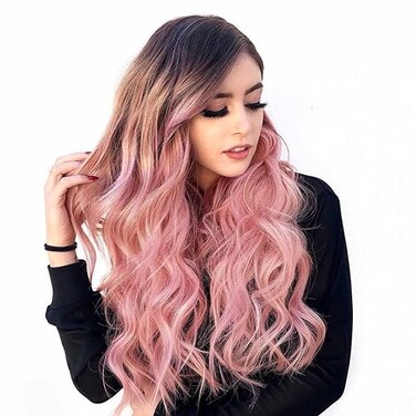NAYOO Long Pink Wig for Women - 26 Inch Ombre Pink Wavy Wigs for Women, Natural Looking Ombre Pink Hair Wigs, Easy to Put Pink Curly Wig (Ombre Pink)
