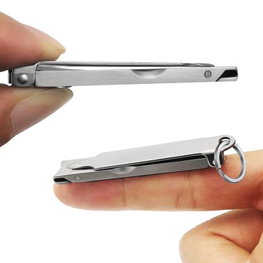 Ultra Thin Portable Fingernail Clipper Small Pocket Folding Nail Clippers, Wide Jaw Cutter with Keychain Curved Trimmer, Flip Open Brushed Finish (Small-Brushed)