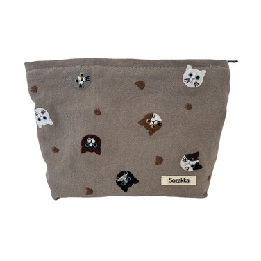 Cat Embroidered Makeup Bag Large Capacity Zipper Closure Cosmetic Pouch Dual Layer Durable Handheld Toiletry Bag Unique Cat Design (Grey)