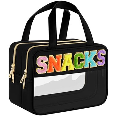 Chenille Letter Clear Makeup Bag, Preppy Cosmetic Bag with Zipper, Stuff Bag Waterproof Sunscreen Bag Travel Toiletry Pouch for Women and Girls (Black 3, Plus Size)
