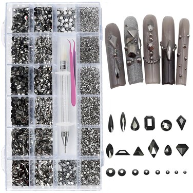 6080PCS Black Nail Art Rhinestones with Multi Shapes, 3D Flatback Crystals Diamonds for Nail Design, Sparkle Gem with Picking Pen&amp;Tweezers for Craft Decoration Face Art Body