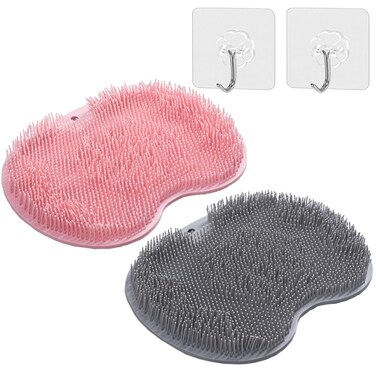 2PACK Shower Foot Scrubber Mat with Non-Slip Suction Cups, Back Exfoliating Bath Wash Pad Wall Mounted Slip Suction Cups Foot Scrubber, Use in Shower Cups Foot Massages for Men and Women (Pink*Gray)