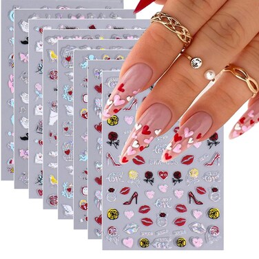 9 Sheets Valentine's Day Nail Art Stickers 3D Self-Adhesive Nail Decals Pink Heart Lip Laser Nail Stickers Nail Supplies DIY Design Manicure Decoration Accessories for Women Girls