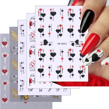 10 Sheets Valentines Nail Art Stickers Decals 3D Self-Adhesive Nail Decal Supplies Glitter Lover Heart Designs Nail Sticker for Women DIY Romantic Manicure Decorations