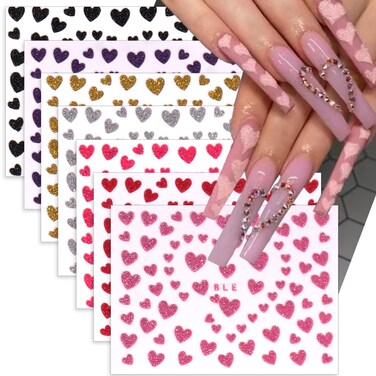 Valentines Nail Art Stickers 7Sheets 3D Glitter Heart Nail Stickers Shiny Red Black Gold Pink Silver Purple Love Heart Nail Decals Self-Adhesive Colorful Valentines Nails Supplies for Acrylic Nails