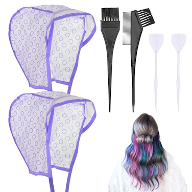 Bewudy 2 Sets of Hair Coloring Kits, Hair Highlighting Caps, Hair Dye Cap Disposable Hair Art Frosting Cap with Plastic Crochet Hook, and Hair Dye Brushes for Salon Hair Dyeing Hairdressing (Purple)