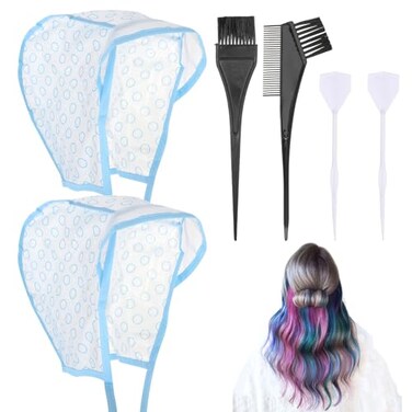 Bewudy 2 Sets of Hair Coloring Kits, Hair Highlighting Caps, Hair Dye Cap Disposable Hair Art Frosting Cap with Plastic Crochet Hook, and Hair Dye Brushes for Salon Hair Dyeing Hairdressing (Blue)