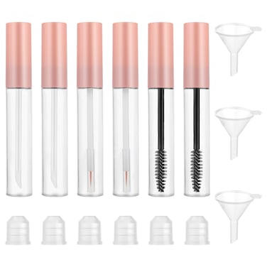 6 Pack Empty Mascara Tube and Wand 10ml Eyeliner Tube Lip Gloss Tubes Refillable Mascara Tube with Funnel Transparent Eyelash Cream Container for castor oil Eyebrow Growth Serum (Pink)