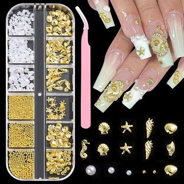 Summer Nail Charms Nail Pearls Beach Starfish Gold Nail Charms Sea Shell Nail Gems Conch Ocean Theme 3D Caviar Beads Star Fish Nail Art Designs Manicure Decoration Supplies, with Tweezer