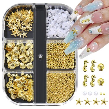 Summer Nail Charms Nail Pearls Beach Seashell Starfish Gold Nail Charms Sea Shell Nail Gems 3D Caviar Beads Star Fish Nail Art Ocean Theme Designs Manicure Decoration Supplies