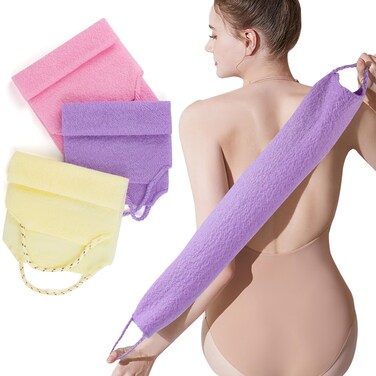 3 Pcs Double-Sided Back Exfoliator Body Scrub Towel, Exfoliating Back Scrubber with Handles,Exfoliating Washcloth Bath Tool in Shower, Stretchable Back Washer to Deep Cleans Skin (Beige,Pink,Purple)