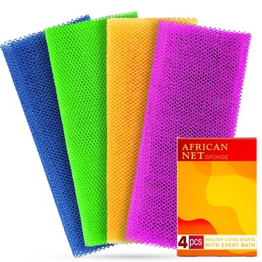 4 Pieces African Net Sponge for Deep Exfoliation - African Bath Sponge for Silky Smooth Skin, Long-Lasting Exfoliating Net for Full Body Cleansing (Blue, Orange, Green, Purple)