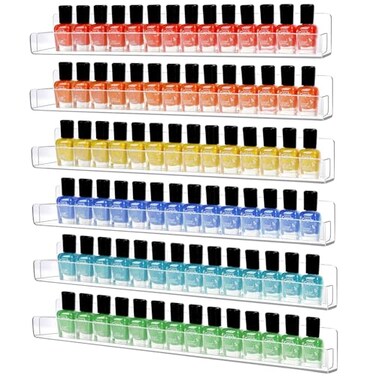 6 Pack Nail Polish Organizer Wall Mounted Shelf with Removable Anti-Slip End Inserts, Paint Rack Acrylic Organizers Display for Wall, Nail Polish Rack Displays 90 Bottles, 15 Inch