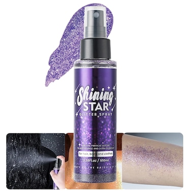 Body Glitter Spray, Joyeee Waterproof Glitter Spray Shimmer Glitter Hairspray Long-Lasting Highlight Powder Spray Makeup Glitter for Women Girls Skin Face Hair Body Clothing Nail Art Craft Purple