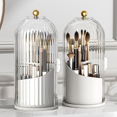Makeup Brush Holder Organizer with Clear Lid 360 Rotating Sliding Opening Dustproof Brushes Container for Vanity