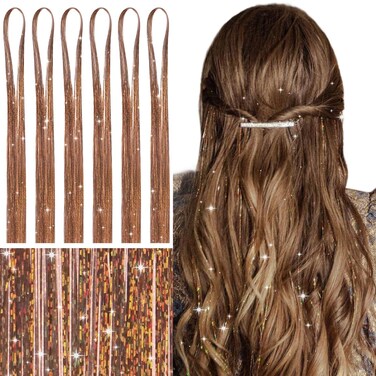 WENNALIFE Hair Tinsel for Girls, Golden Brown Fairy Hair Tinsel Kit 1200 Strands 6PCS 48 Inch Heat Resistant Glitter Tinsel Hair Extensions Kit Christmas Hair Feathers Tinsel for Hair Sparkle Strands