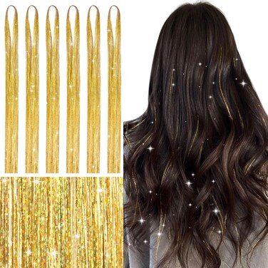 WENNALIFE Hair Tinsel for Girls, Champagne Fairy Hair Tinsel Kit 1200 Strands 6PCS 48 Inch Heat Resistant Glitter Tinsel Hair Extensions Kit Christmas Hair Feathers Tinsel for Hair Sparkle Strands