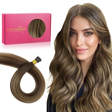 WENNALIFE I Tip Hair Extensions Human Hair, 50g 100s 14 Inch Balayage Chocolate Brown to Caramel Blonde Remy Itip Human Hair Extensions Invisible Itips Straight I Tips Fusion Extension Real Human Hair