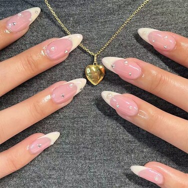 French Tips Press on Nails Almond Shaped White Fake Nails with Rhinestones Design Medium Length Acrylic Glue on False Nail Stick on Nails for Women 24PCS