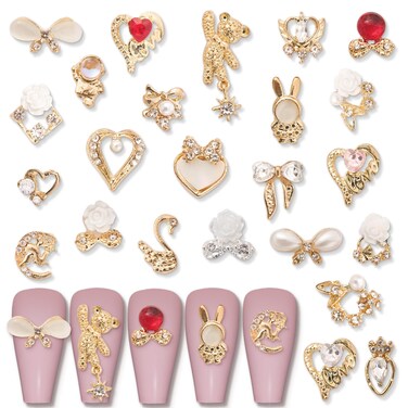 24 Pieces Gold Luxury Nail Art Rhinestones 3D Zircon Nail Diamonds Flower Rabbit Shape Metal Glass Crystal Gems Studs Manicure Jewelry for Girls Womans Craft DIY Nail Decoration, LUYCHMS01