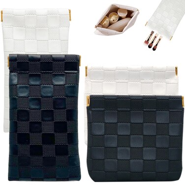 4PCS Small Makeup Bag for Purse, Mini Leather Pocket Cosmetic Bag for Women, Waterproof Portable Makeup Pouch No Zipper Coin Purse Lipstick Bag Accessories, Checkered Travel Storage Bag(White, Black)
