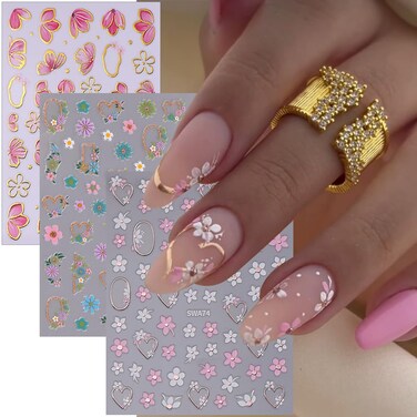 3 Sheets Flower Nail Stickers for Nail Art Decals - YEFIUO Spring 3D Slider Nail Adhesive Decals Nail Art Stickers Bronzing Flowers Daisy Design Nail Supplies Nail Stuff for Nail DIY Decoration