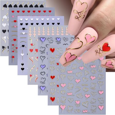 7 Sheets Love Nail Stickers for Nail Art Decals - YEFIUO 3D Nail Adhesive Decals Sliders Nail Art Stickers Heart Metal Lines Design Nail Decals Supplies Nail Stuff for Nail DIY Decoration
